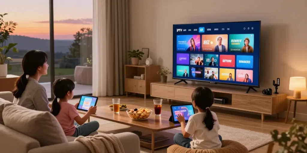 Famille profitant d'Atlas Pro en streaming, regardant la télévision avec des contenus HD.