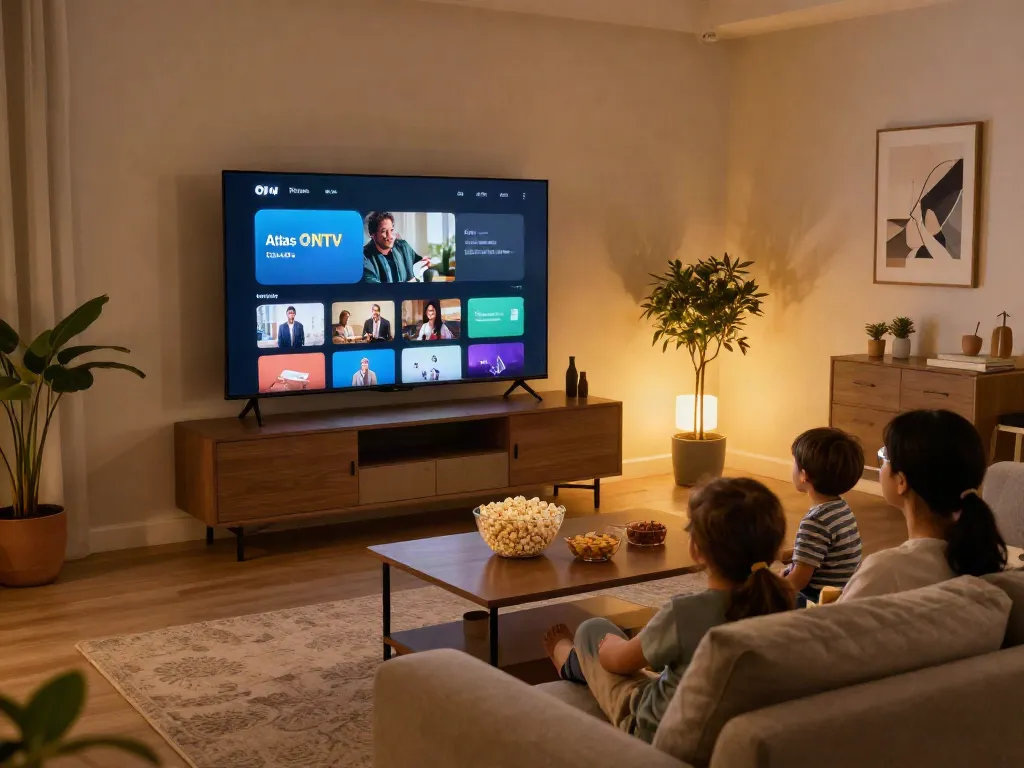Famille appréciant le divertissement avec l'application atlas pro ontv dans un salon moderne.
