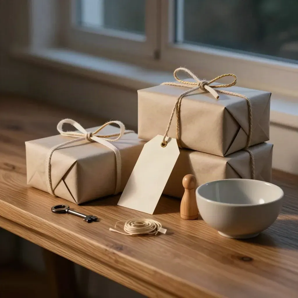 Cadeaux de jeux de société emballés sur un banc en bois près d’une fenêtre au crépuscule.