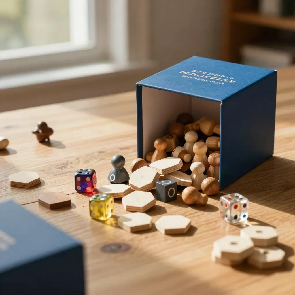 Boîtes de jeux, dés et meeples sur une table en chêne clair, lumière chaude près d’une fenêtre.
