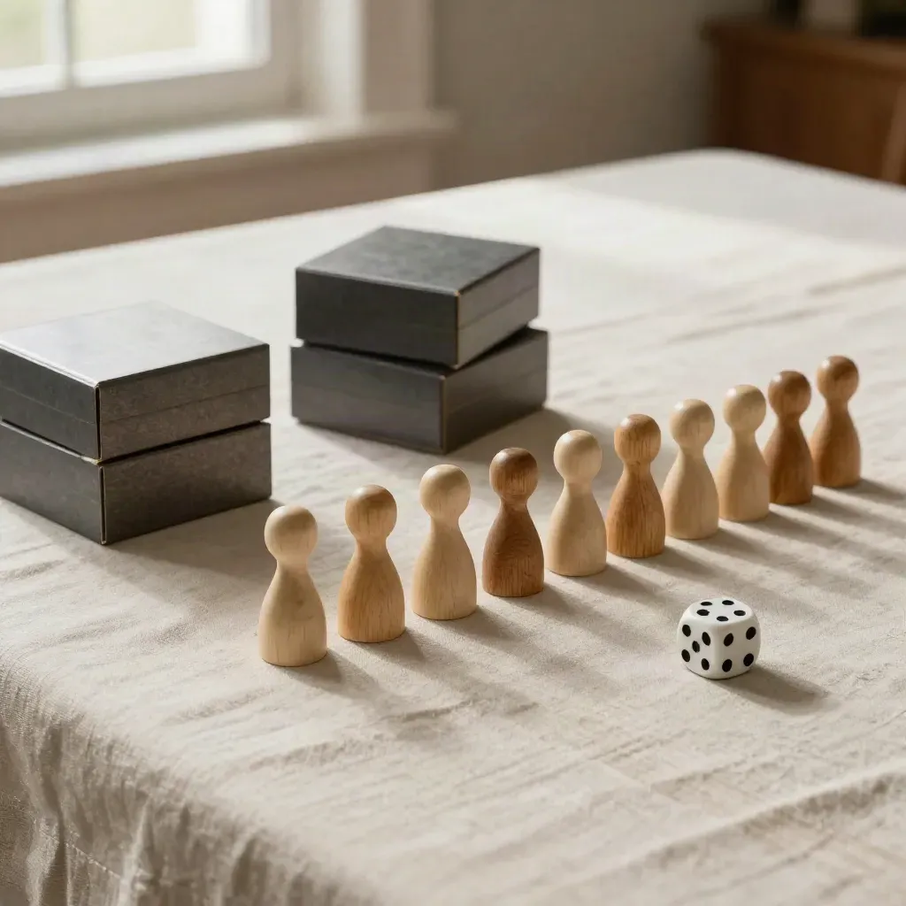 Jeux de société sur table en lin, meeples alignés et dés en mouvement, lumière douce.