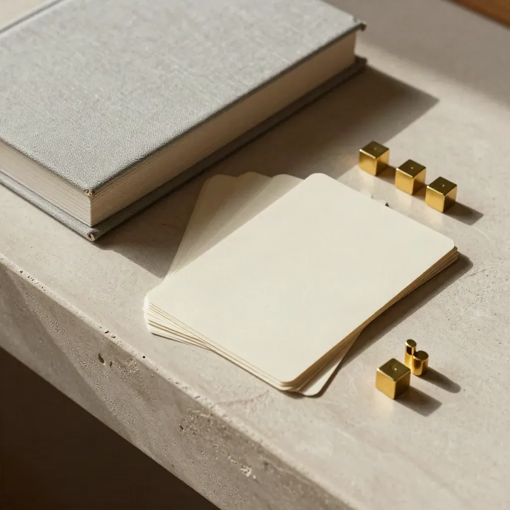 Gros plan d’un empilement de règles, cartes modulaires et cubes sur un comptoir en plâtre.