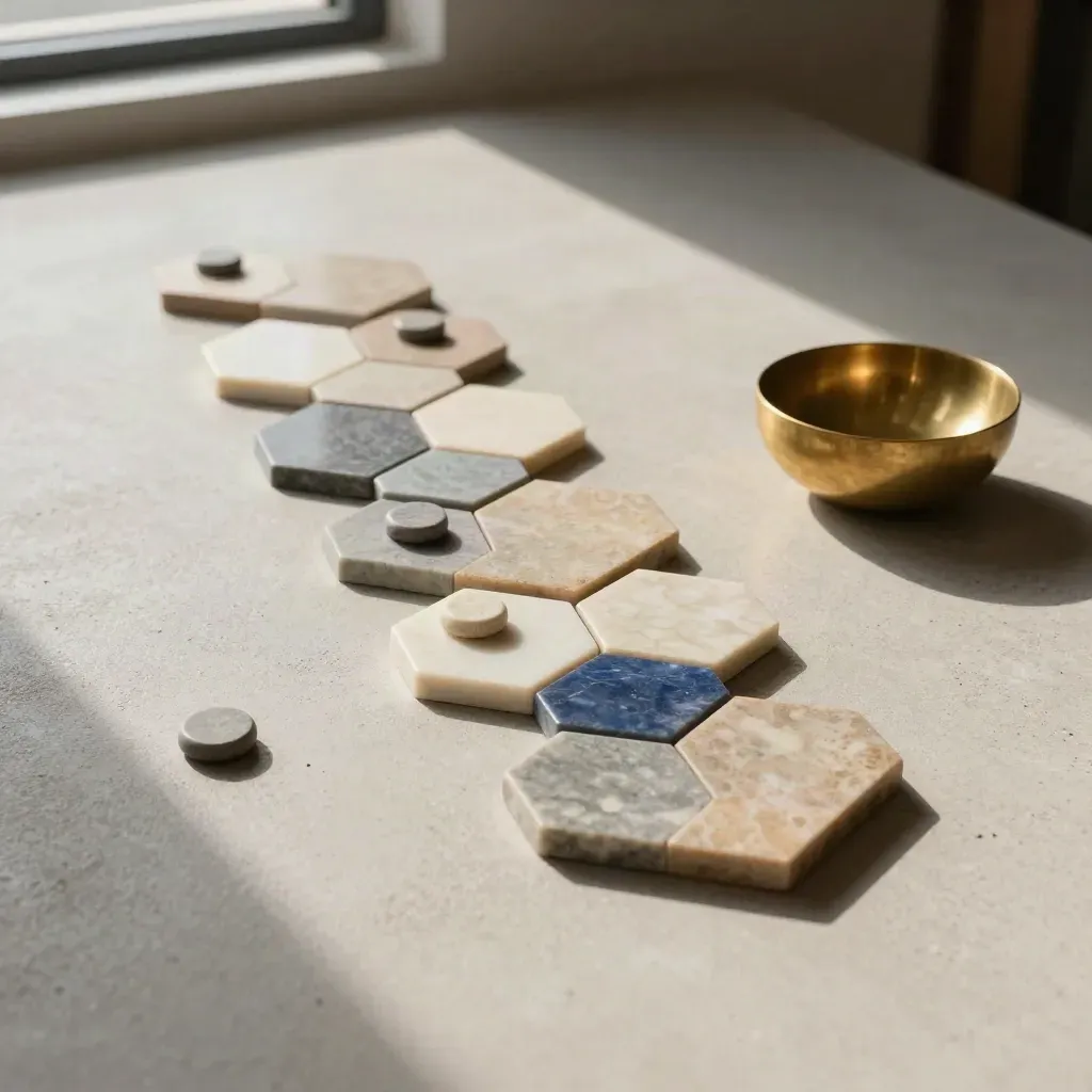 Vue zénithale de tuiles hexagonales, jetons et bol en laiton sur béton clair.