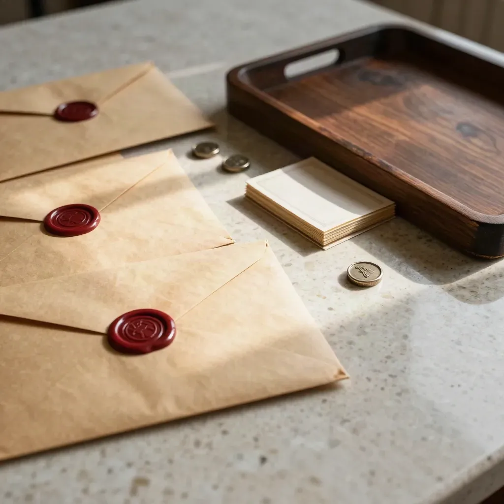 Enveloppes scellées, cartes d’indices et jetons d’enquête sur un plateau en bois sombre.