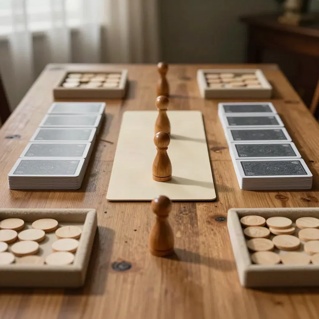 Jeu de société à deux sur table en chêne, cartes et jetons prêts pour le premier tour.