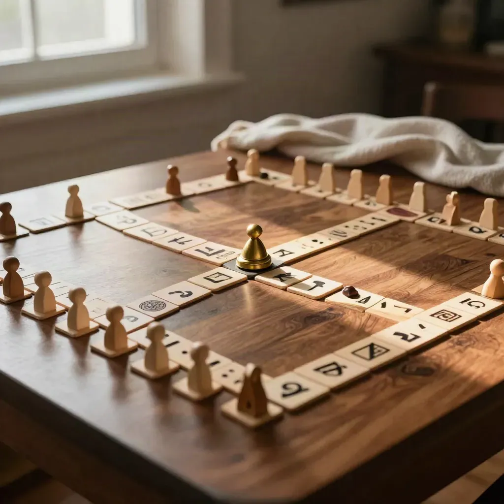 Vue oblique d’un jeu coopératif en bois sur table en noyer, lumière de fin d’après-midi.