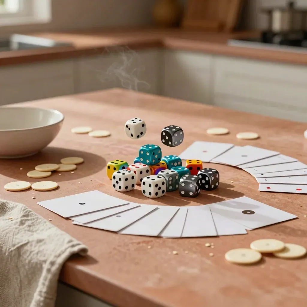 Jet de dés, cartes face cachée et jetons dispersés sur un îlot de cuisine.