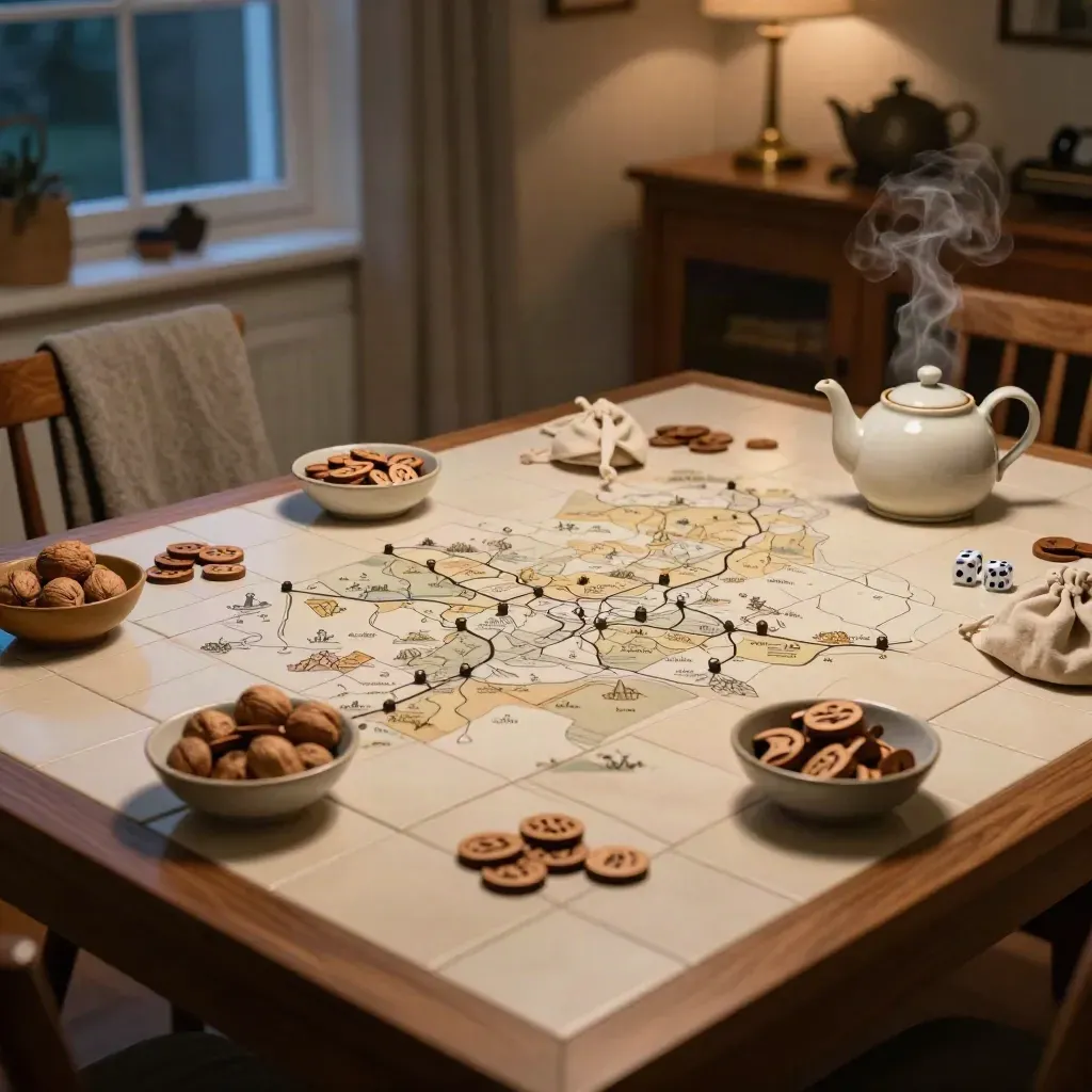 Vue en angle d’une table coopérative en préparation, avec tuiles crème, jetons et thé fumant.