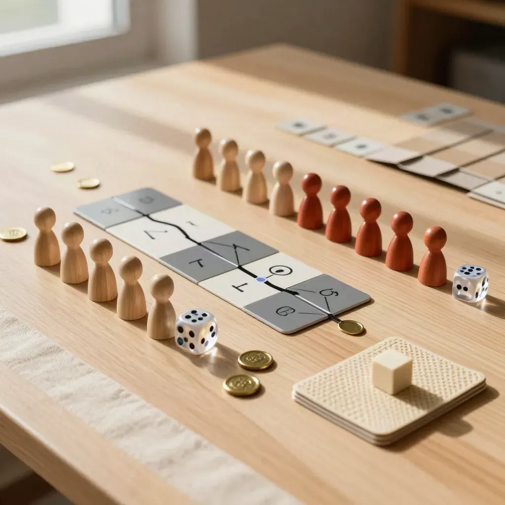 Vue zénithale d’un jeu en préparation avec dés, meeples, cartes et cube sur chêne.