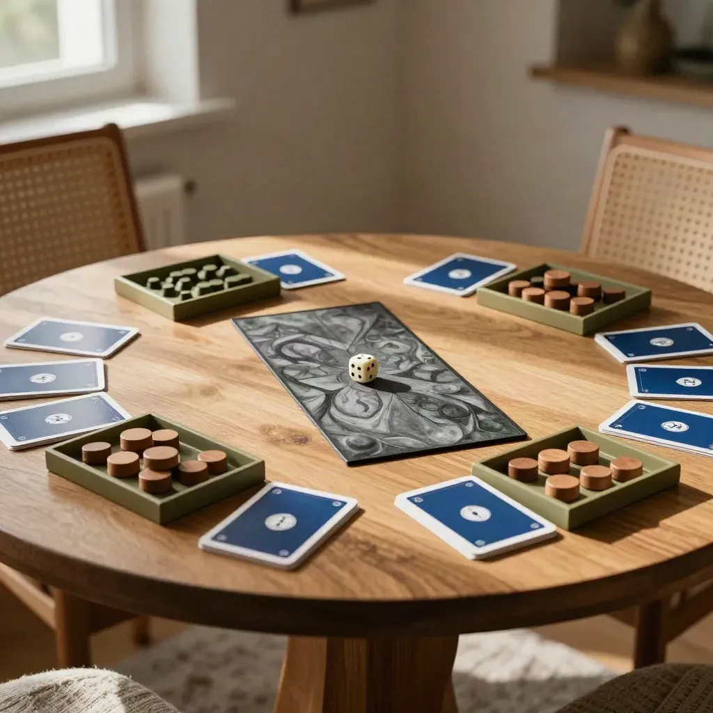 Jeu de duel sur table ronde, cartes en miroir et jeton en mouvement.
