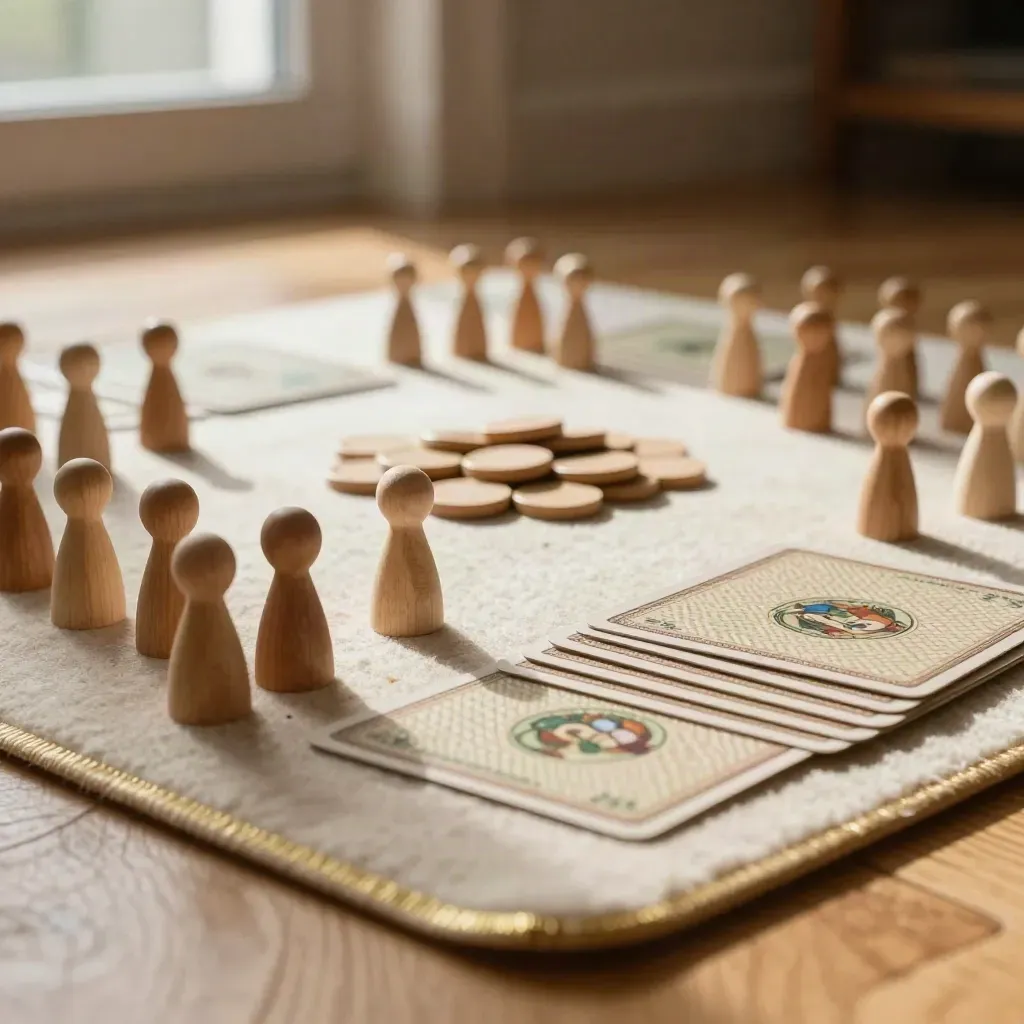 Gros plan cinématographique sur des pions en bois et des cartes sur tapis en feutre.