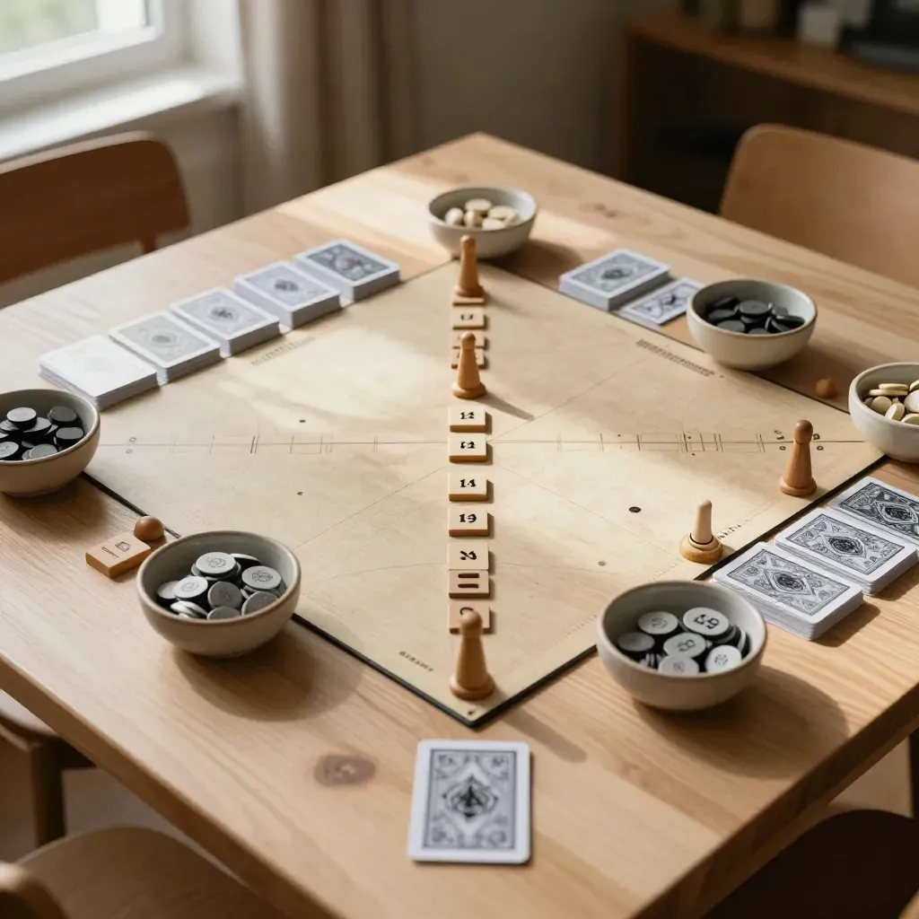 Vue diagonale d’une mise en place de jeu à deux équipes sur table en chêne clair.