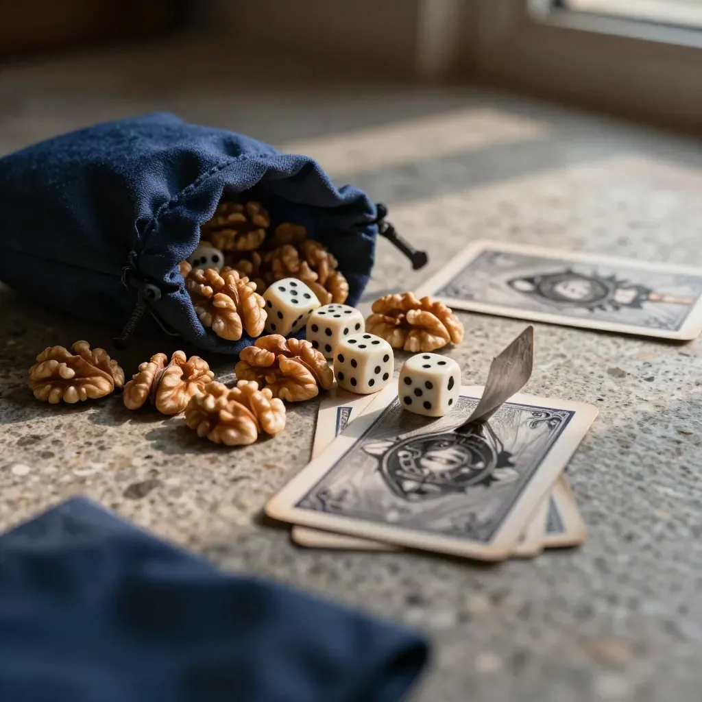 Meeples, dés, cartes usées et pochette bleue sur pierre travertin, en mouvement.