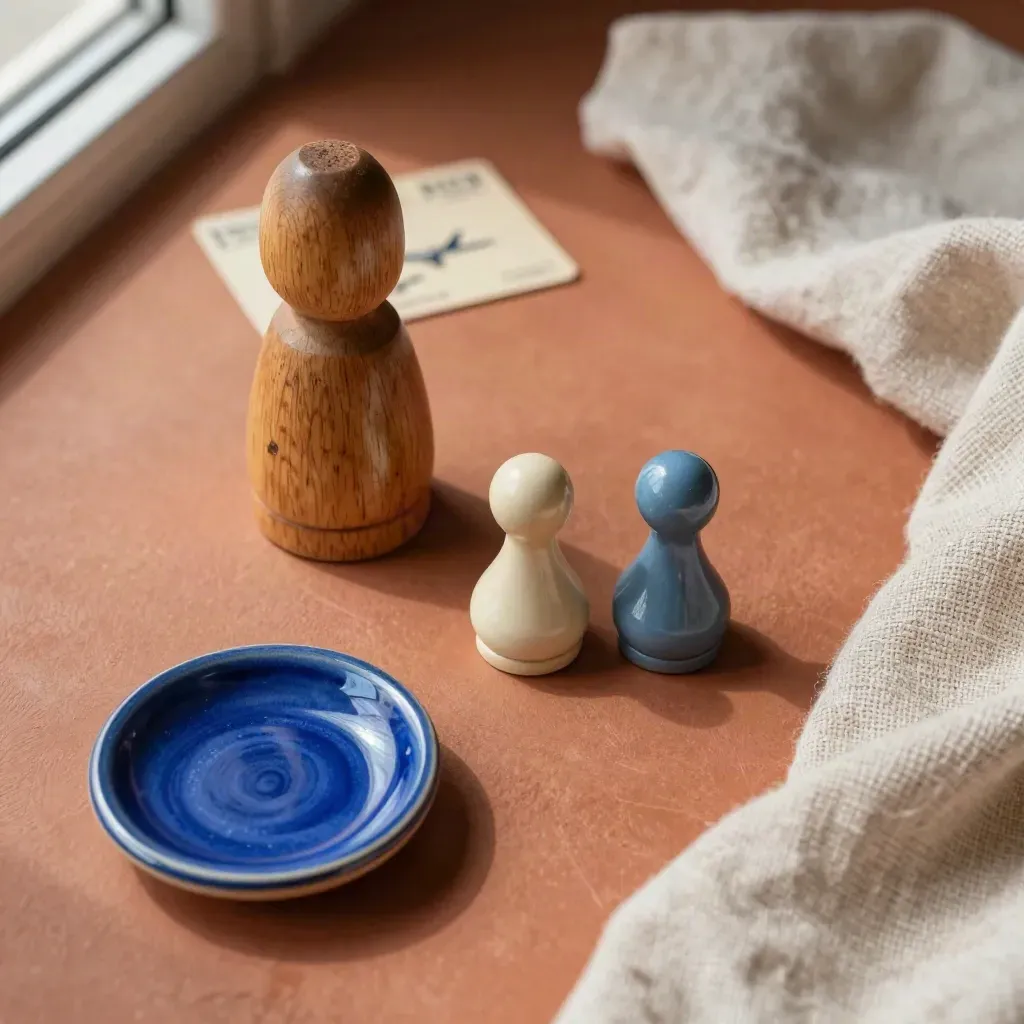 Flatlay d’un meeple en bois, deux pions pastel, coupelle céramique et linge de lin sur terre cuite.