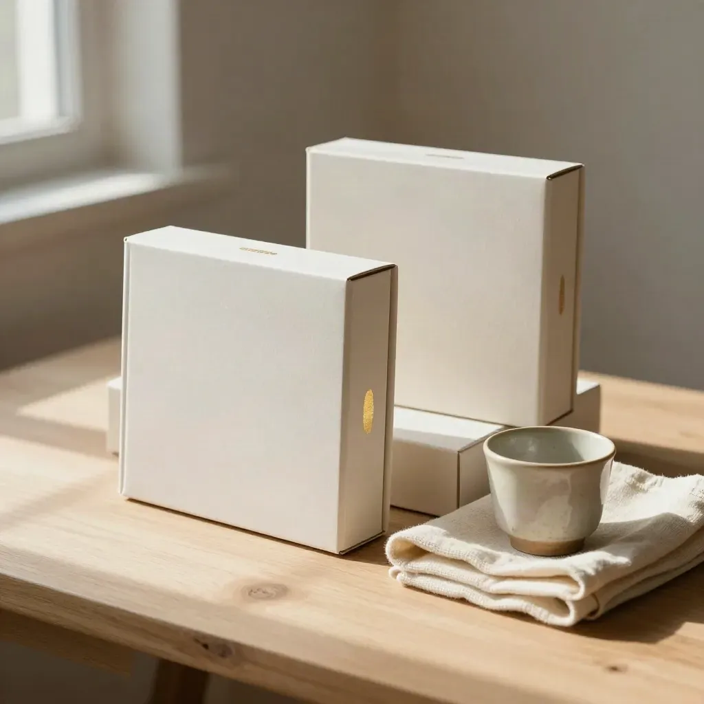 Boîtes de jeux neuves, tissu crème et tasse en céramique sur bois clair.