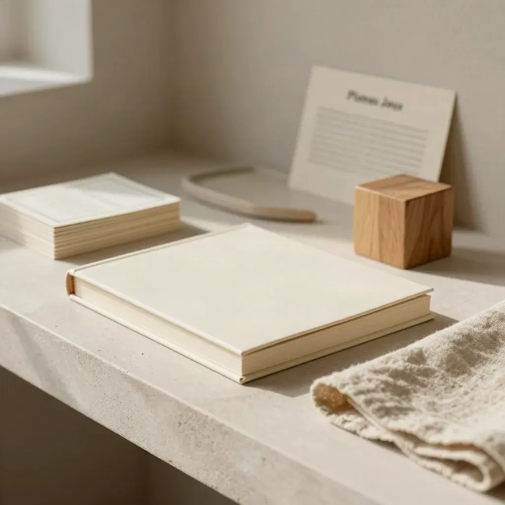 Livret de règles fermé, cartes de référence et cube en bois sur fond clair